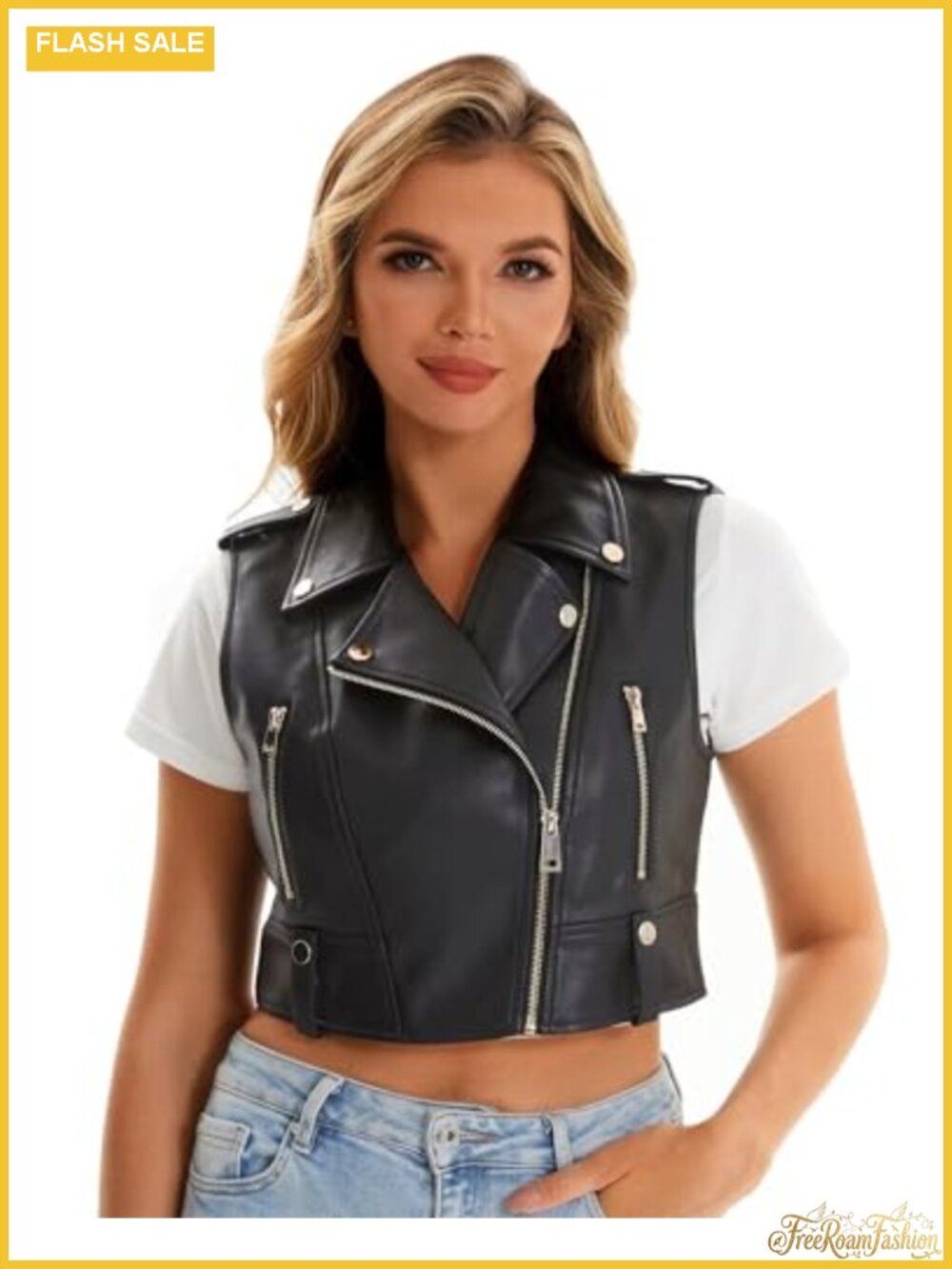 Faux Leather Vest Women Zipper Cropped Sleeveless Biker Moto Slim PU Waistcoat